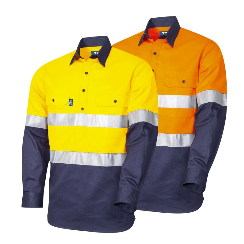 [SHT-LWT-CF-RT-YL-S] Lightweight Vented L/S Closed Front Hi-Vis Drill Shirt with Reflective Tape (Yellow/Navy, S)